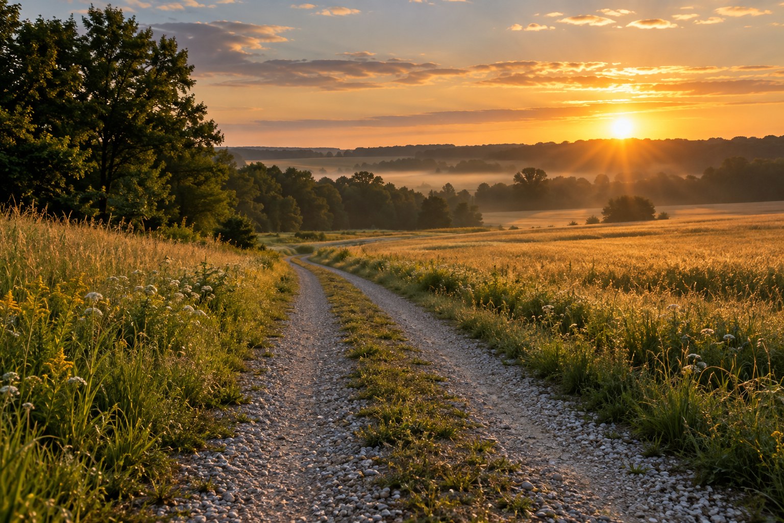 A quiet gravel path through golden fields at sunrise